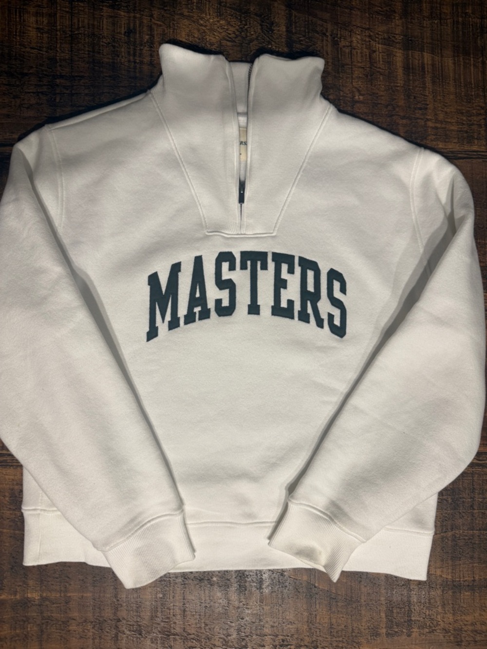 Masters White Half-Zip Sweatshirt with Dark Green Logo Size Large